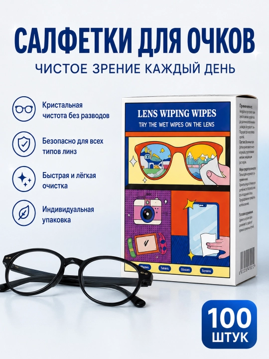 Ko'zoynak va optika uchun nam salfetkalar - 100 dona - 