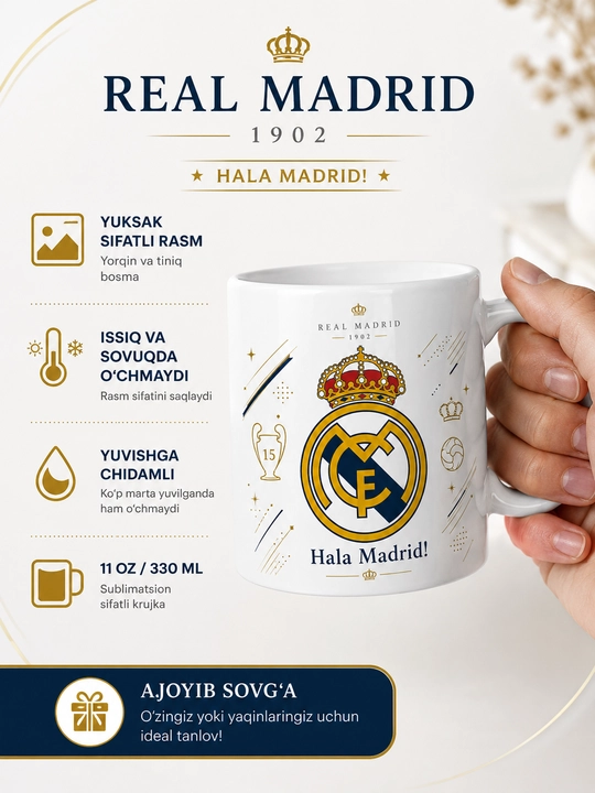 Кружка Giftory с логотипами футбольных клубов: Real Madrid, Barcelona и другие, 330 мл