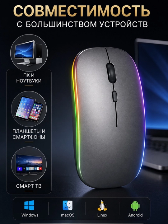 Беспроводная мышь 2.4G для ПК и ноутбука, бесшумное нажатие, USB-приёмник - 