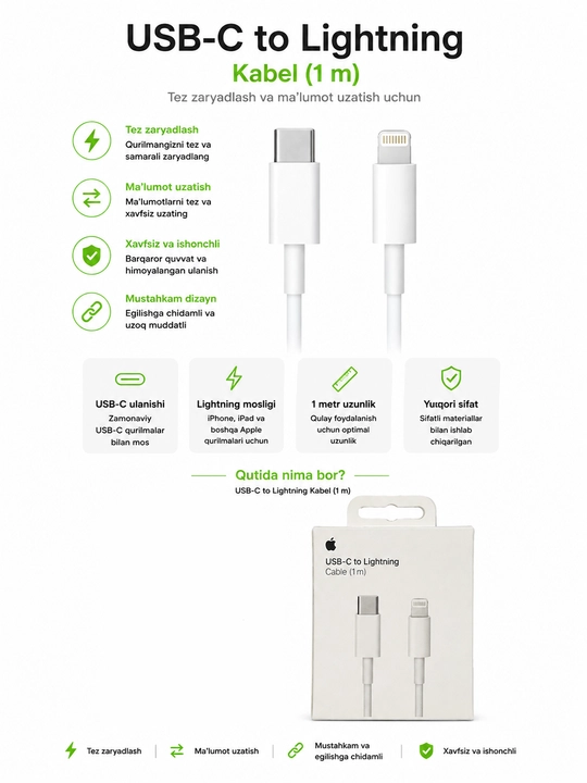 Kabel IPhone Type-C to Lightning 20W USB – tezkor zaryadlash uchun iPhone 7 dan 14 gacha - 