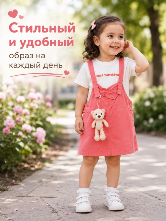 Комплект одежды из 2 предметов для девочки — белая футболка и розовый комбинезон - 