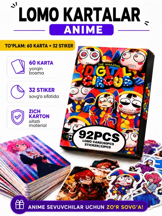Lomo карты Аниме 60 шт + 32 стикера Genshin, One Piece, Jujutsu, Pokémon и другие