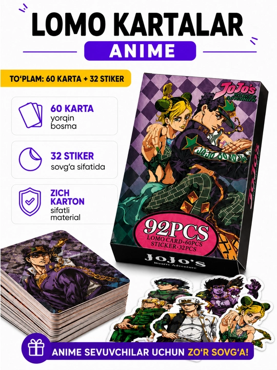Lomo карты Аниме 60 шт + 32 стикера Genshin, One Piece, Jujutsu, Pokémon и другие