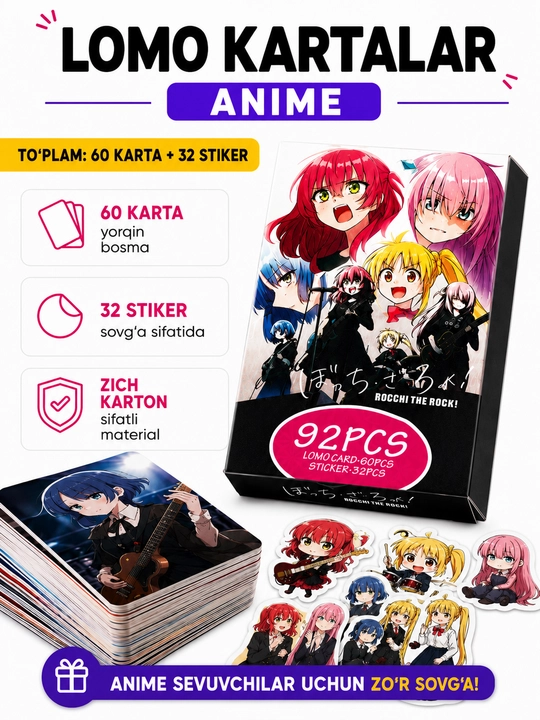 Lomo карты Аниме 60 шт + 32 стикера Genshin, One Piece, Jujutsu, Pokémon и другие
