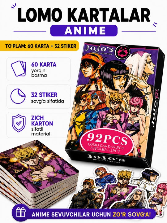 Lomo карты Аниме 60 шт + 32 стикера Genshin, One Piece, Jujutsu, Pokémon и другие