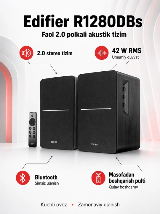 Edifier R1280DBs  Активная акустическая система 2.0 Bluetooth, 42 Вт RMS, Sub Out, колонка - 