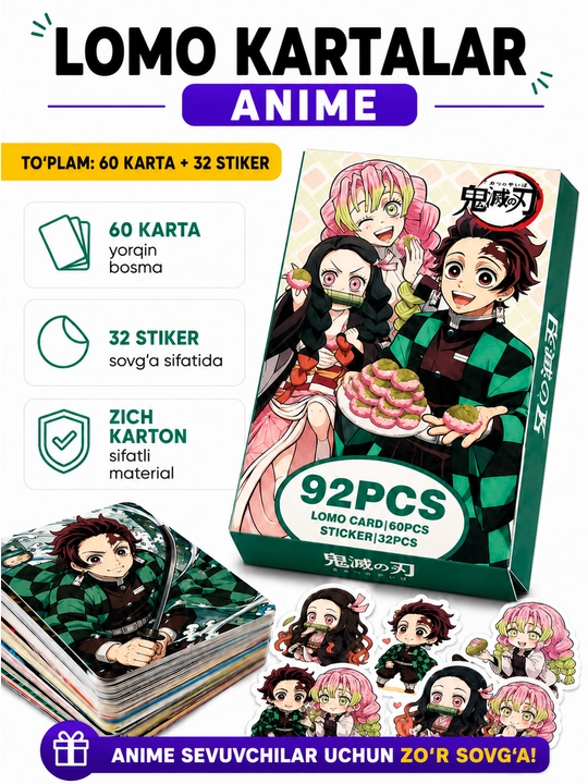 Lomo карты Аниме 60 шт + 32 стикера Genshin, One Piece, Jujutsu, Pokémon и другие