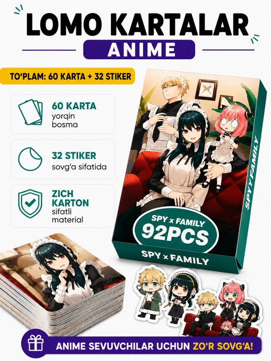 Lomo карты Аниме 60 шт + 32 стикера Genshin, One Piece, Jujutsu, Pokémon и другие
