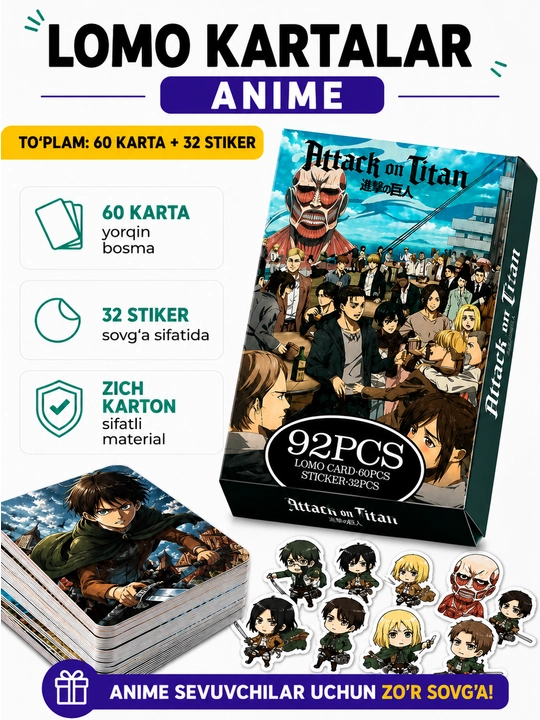 Lomo карты Аниме 60 шт + 32 стикера Genshin, One Piece, Jujutsu, Pokémon и другие