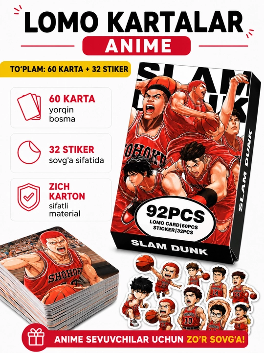Lomo карты Аниме 60 шт + 32 стикера Genshin, One Piece, Jujutsu, Pokémon и другие