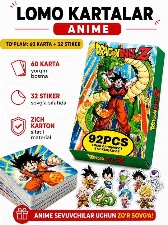 Lomo карты Аниме 60 шт + 32 стикера Genshin, One Piece, Jujutsu, Pokémon и другие