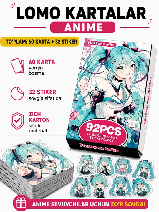 Lomo карты Аниме 60 шт + 32 стикера Genshin, One Piece, Jujutsu, Pokémon и другие
