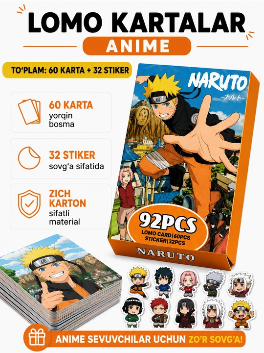 Lomo карты Аниме 60 шт + 32 стикера Genshin, One Piece, Jujutsu, Pokémon и другие