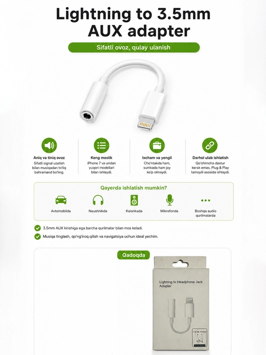 Adapter Type-C va Lighting audio-ulagich, iPhone, Android, AUX va quloqchinlar uchun - 