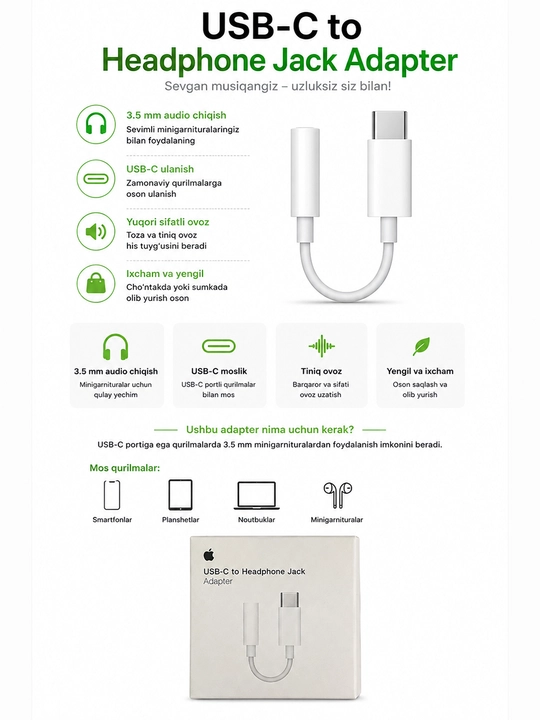 Adapter Samsung va iPhone uchun, Type-C va Lighting audio-ulagich, AUX va quloqchinlar uchun - 