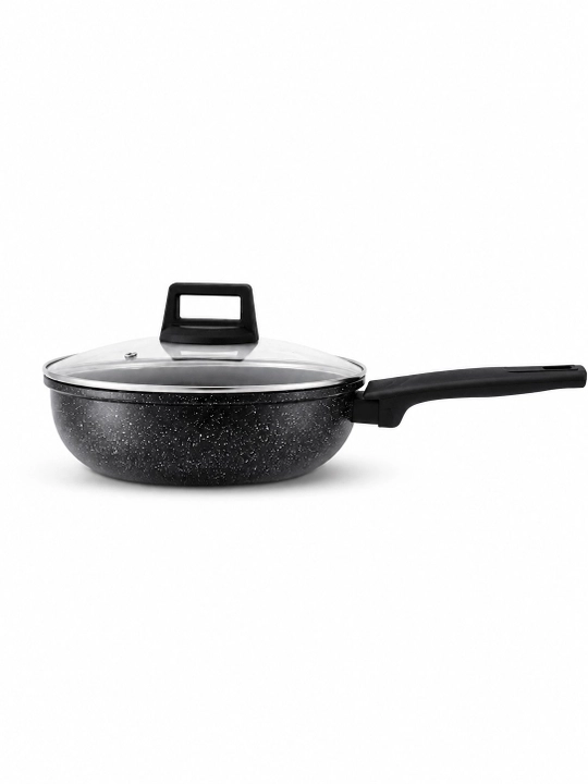 Сковородка HausRoland с крышкой глубокая с длинной ручкой, черная