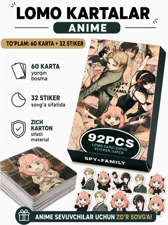 Lomo карты Аниме 60 шт + 32 стикера Genshin, One Piece, Jujutsu, Pokémon и другие