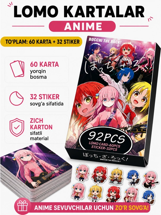 Lomo карты Аниме 60 шт + 32 стикера Genshin, One Piece, Jujutsu, Pokémon и другие
