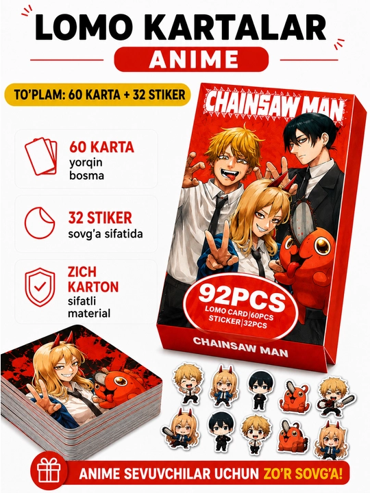 Lomo карты Аниме 60 шт + 32 стикера Genshin, One Piece, Jujutsu, Pokémon и другие