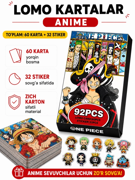 Lomo карты Аниме 60 шт + 32 стикера Genshin, One Piece, Jujutsu, Pokémon и другие