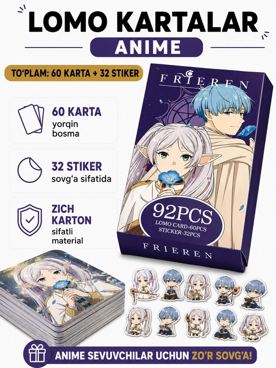 Lomo карты Аниме 60 шт + 32 стикера Genshin, One Piece, Jujutsu, Pokémon и другие