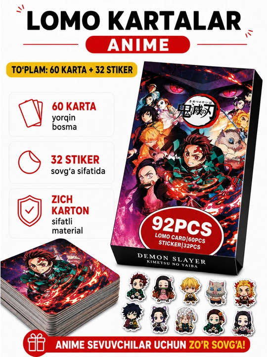 Lomo карты Аниме 60 шт + 32 стикера Genshin, One Piece, Jujutsu, Pokémon и другие