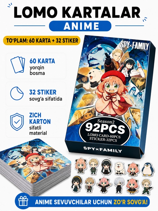 Lomo карты Аниме 60 шт + 32 стикера Genshin, One Piece, Jujutsu, Pokémon и другие