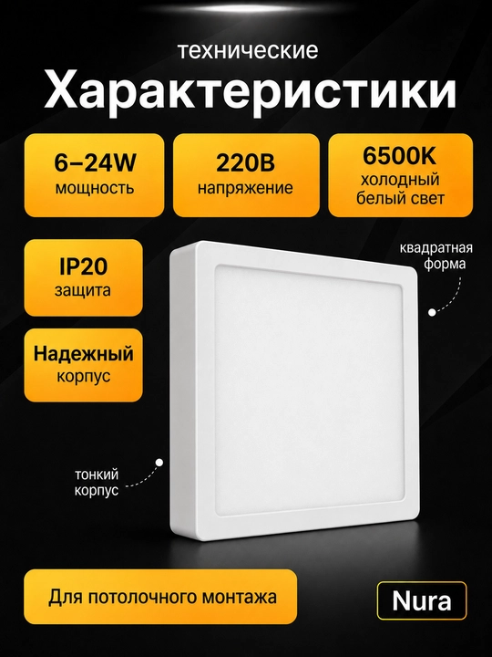 Nura LED kvadrat qoplamali yoritgichi 6-24 Vt, 6500 K