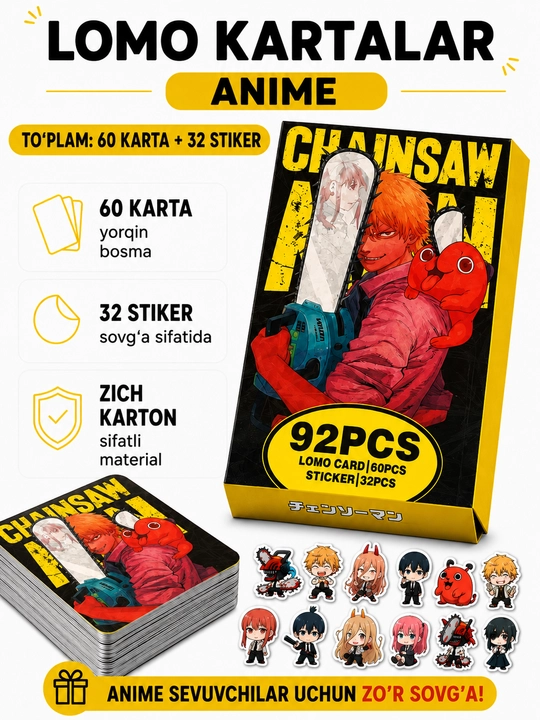 Lomo карты Аниме 60 шт + 32 стикера Genshin, One Piece, Jujutsu, Pokémon и другие