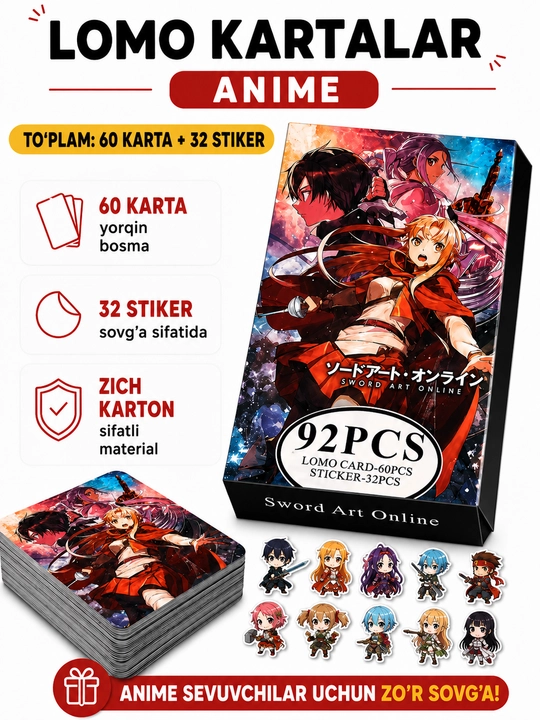 Lomo карты Аниме 60 шт + 32 стикера Genshin, One Piece, Jujutsu, Pokémon и другие