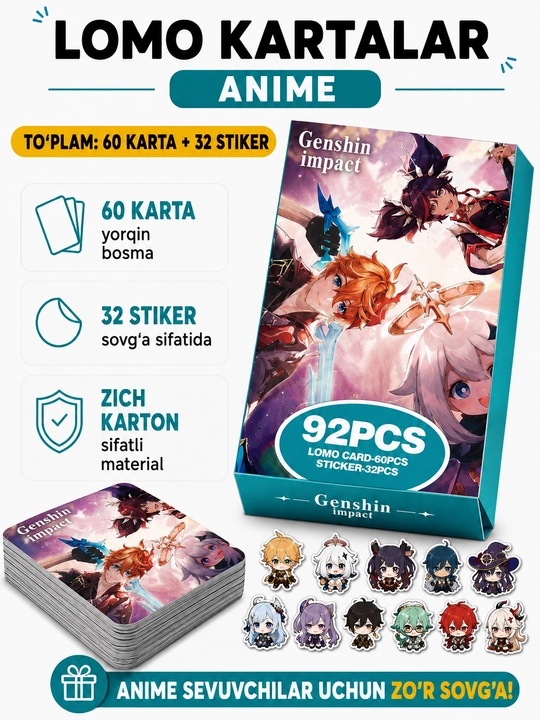 Lomo карты Аниме 60 шт + 32 стикера Genshin, One Piece, Jujutsu, Pokémon и другие