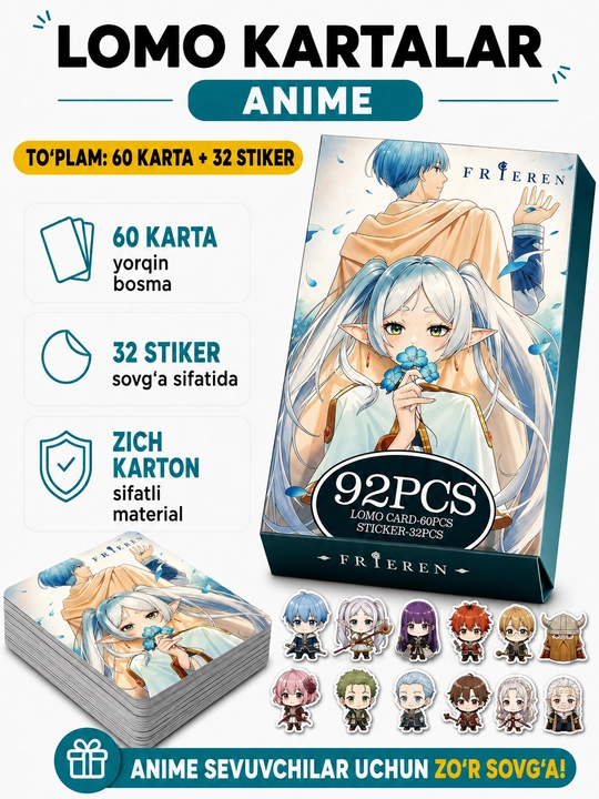 Lomo карты Аниме 60 шт + 32 стикера Genshin, One Piece, Jujutsu, Pokémon и другие