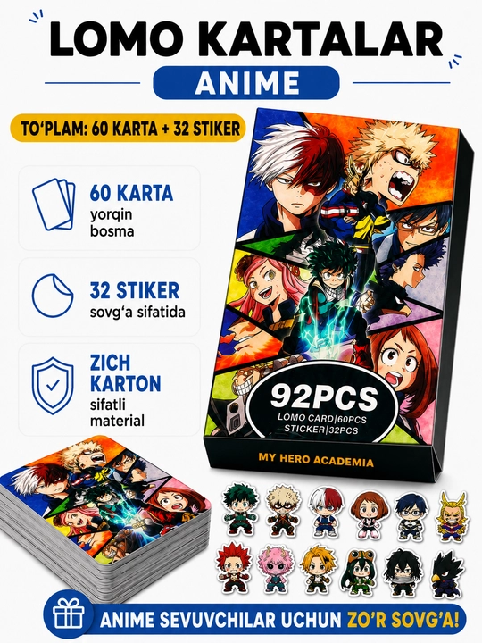 Lomo карты Аниме 60 шт + 32 стикера Genshin, One Piece, Jujutsu, Pokémon и другие