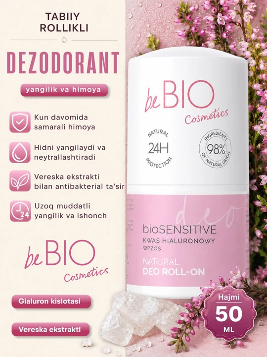 BeBIO Terga qarshi rulonli dezodorant 50 ml (3 xil ta'm) erkaklar va ayollar uchun