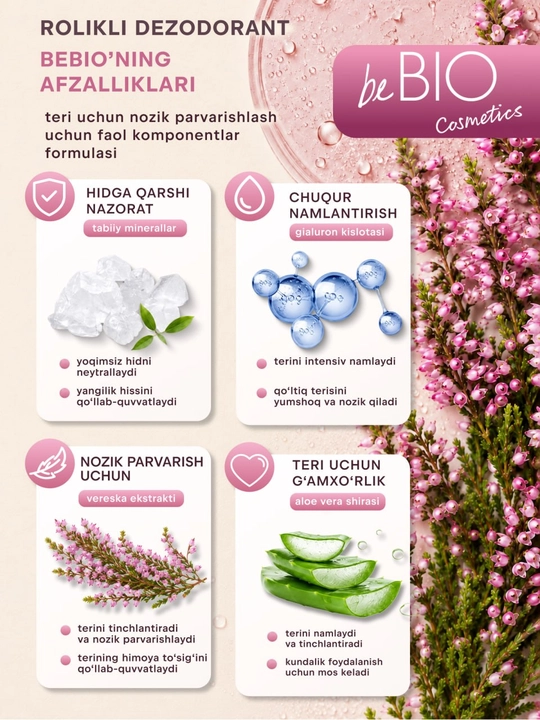 BeBIO Terga qarshi rulonli dezodorant 50 ml (3 xil ta'm) erkaklar va ayollar uchun