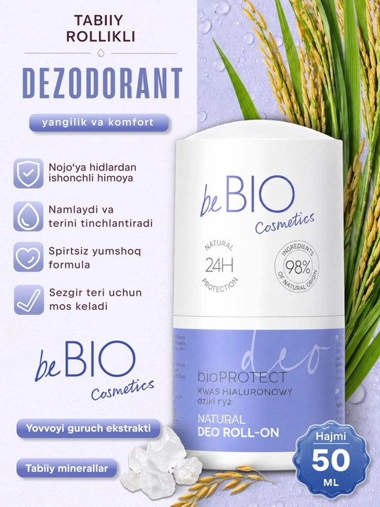 BeBIO Terga qarshi rulonli dezodorant 50 ml (3 xil ta'm) erkaklar va ayollar uchun