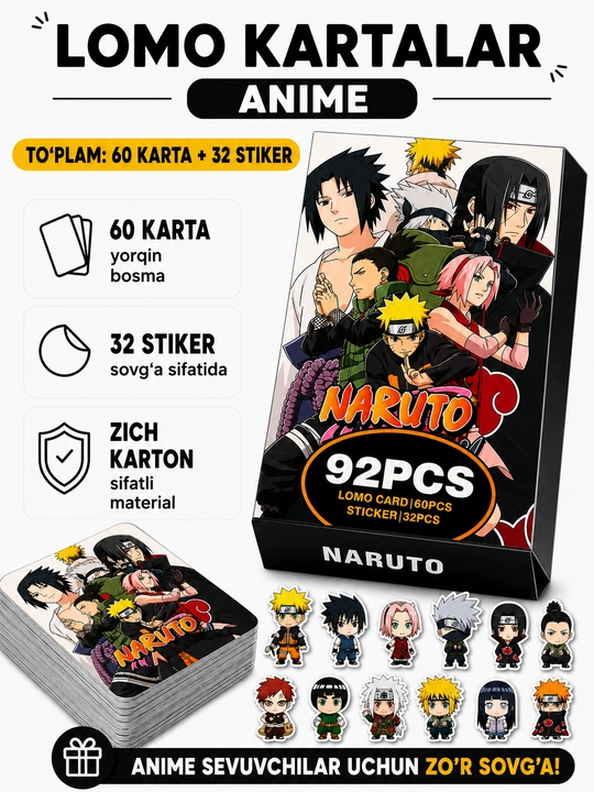 Lomo карты Аниме 60 шт + 32 стикера Genshin, One Piece, Jujutsu, Pokémon и другие