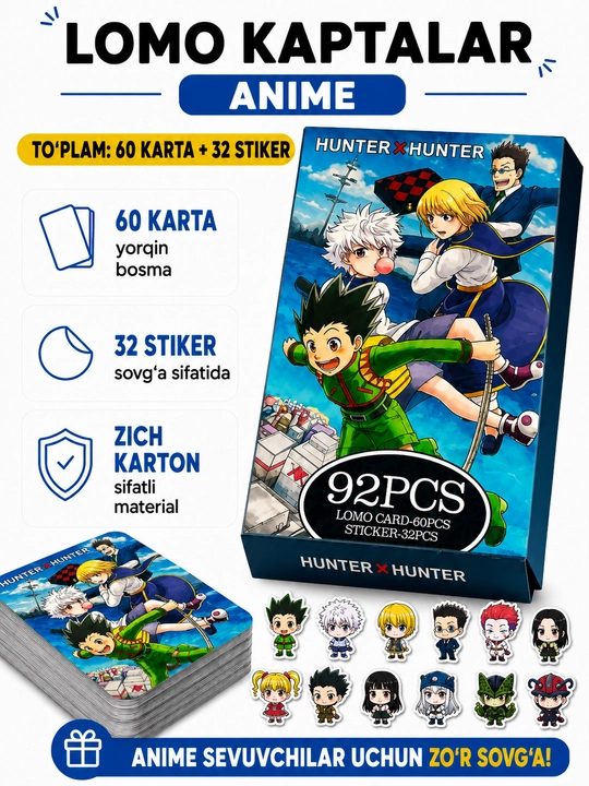 Lomo карты Аниме 60 шт + 32 стикера Genshin, One Piece, Jujutsu, Pokémon и другие
