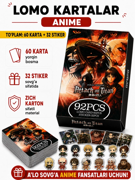 Lomo карты Аниме 60 шт + 32 стикера Genshin, One Piece, Jujutsu, Pokémon и другие