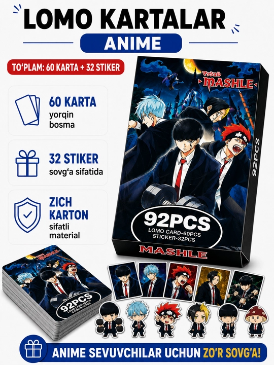Lomo карты Аниме 60 шт + 32 стикера Genshin, One Piece, Jujutsu, Pokémon и другие