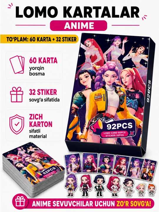 Lomo карты Аниме 60 шт + 32 стикера Genshin, One Piece, Jujutsu, Pokémon и другие