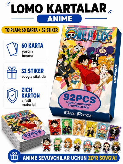 Lomo карты Аниме 60 шт + 32 стикера Genshin, One Piece, Jujutsu, Pokémon и другие