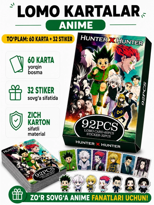 Lomo карты Аниме 60 шт + 32 стикера Genshin, One Piece, Jujutsu, Pokémon и другие