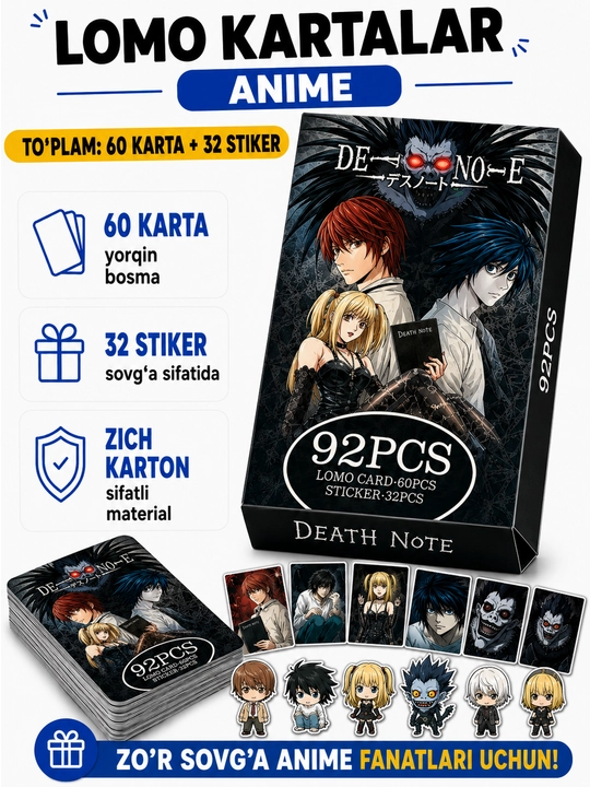 Lomo карты Аниме 60 шт + 32 стикера Genshin, One Piece, Jujutsu, Pokémon и другие