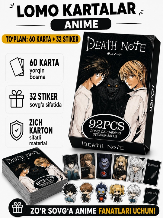 Lomo карты Аниме 60 шт + 32 стикера Genshin, One Piece, Jujutsu, Pokémon и другие