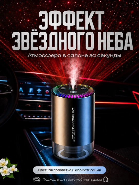 Автомобильный ароматизатор-диффузор с автозапуском и подсветкой, чёрный