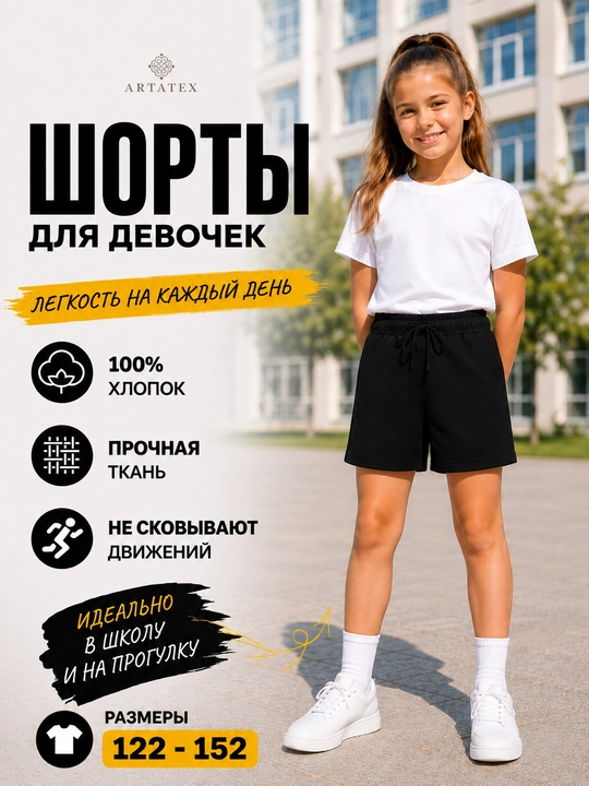 Шорты детские подростковые для мальчиков и девочек, черные, 100% хлопок - 