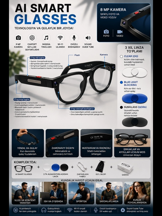 AI Smart Glasses 8MP — ChatGPT, камера, Wi-Fi, Bluetooth, 3 сменные линзы
