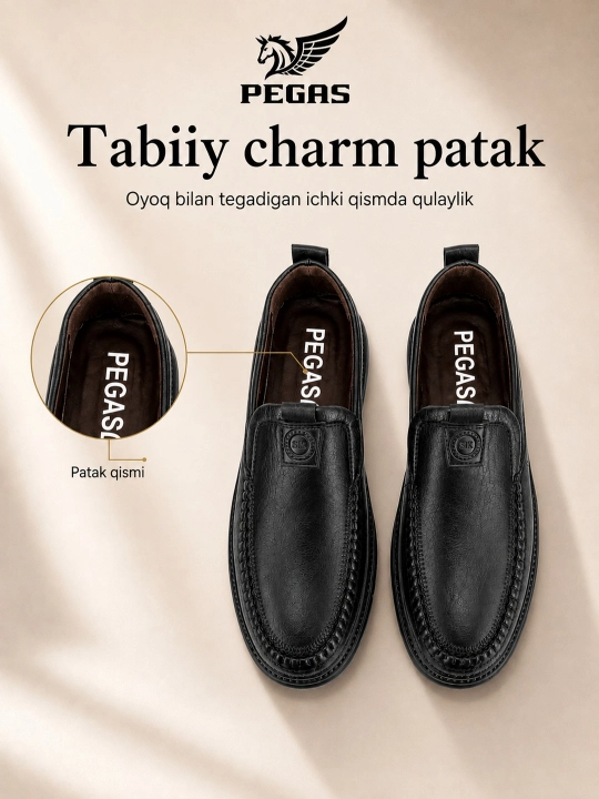 PEGAS erkaklar mokasini – kundalik, bog‘ichsiz, eko-charm, tabiiy charm patak, 39–44