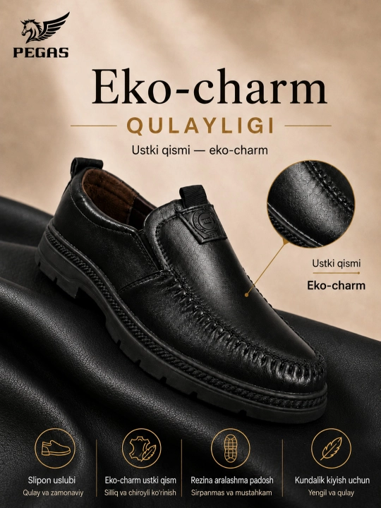 PEGAS erkaklar mokasini – kundalik, bog‘ichsiz, eko-charm, tabiiy charm patak, 39–44